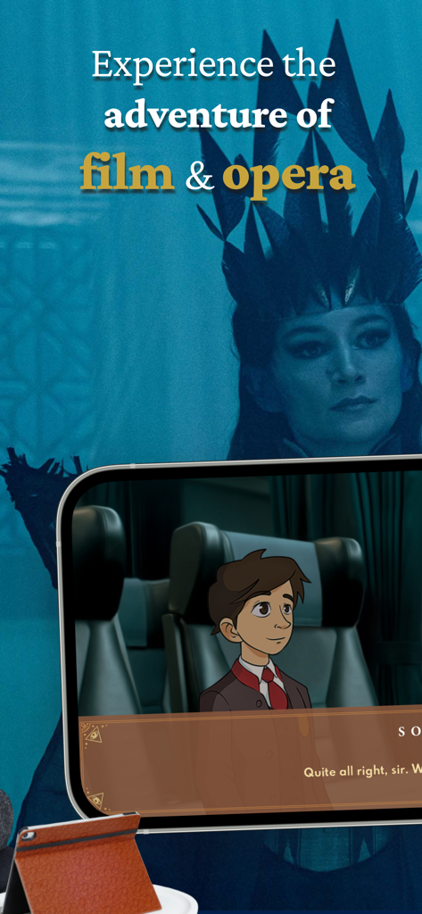 A promotional image for Magic Flute The Game featuring film and opera adventure text and a character on a mobile screen