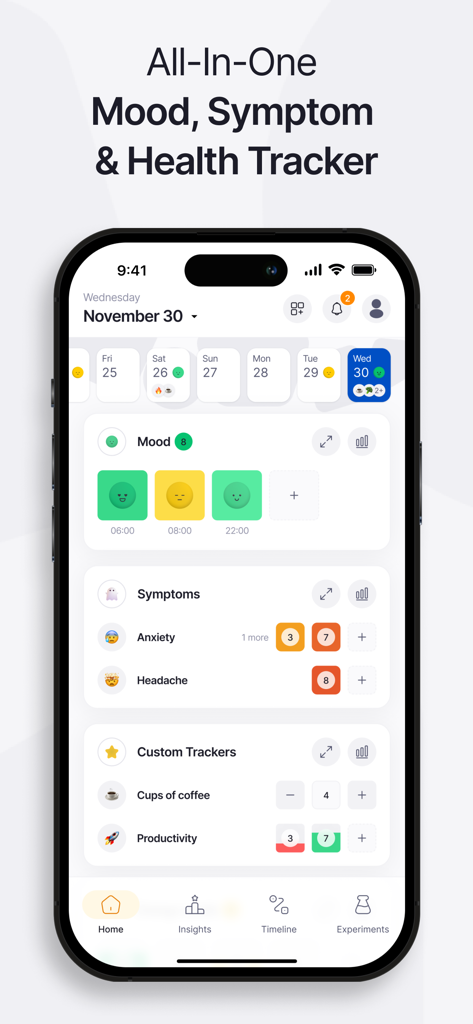 Effecto Symptom & Mood Tracker - La pantalla de inicio de la aplicación Effecto mostrando registros diarios de estado de ánimo, seguimiento de síntomas de ansiedad y dolores de cabeza, y rastreadores de salud personalizados.