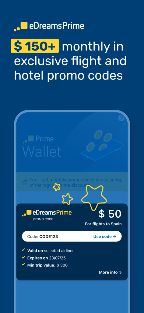 Pantalla de promoción de eDreams Prime mostrando códigos de descuento mensuales para vuelos y hoteles por valor de más de 150 dólares