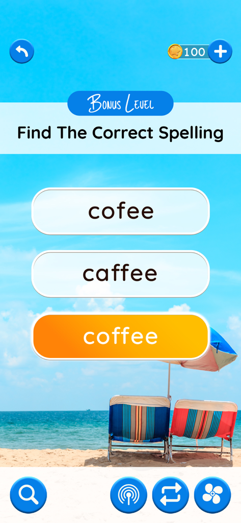 A spelling bonus level in the Word Voyage game where the player chooses the correct spelling of the word coffee against a beach background.