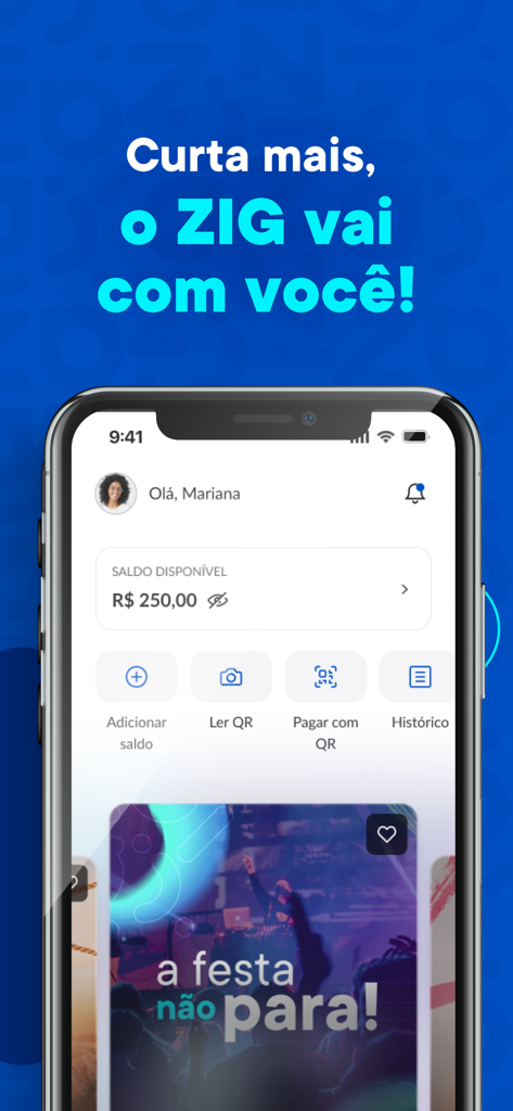 Zig: Ingressos e consumo fácil - イベント用の利用可能残高とデジタルウォレットの支払いオプションを表示するZigアプリのインターフェース