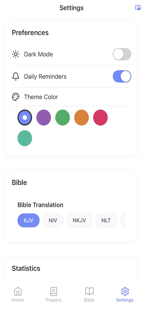 My Prayer Journal & Bible App - Settings screen of the My Prayer Journal and Bible App showing dark mode, daily reminders, theme colors, and Bible translation options.