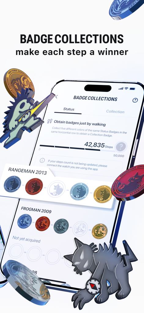 Smartphone screen displaying the Casio Watches app badge collections feature which rewards steps with digital badges