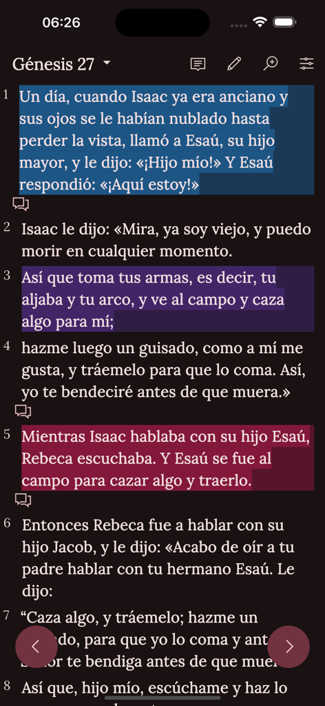 Biblia Estudio de MacArthur - Texto bíblico de Génesis 27 en español con resaltado de colores en la aplicación MacArthur
