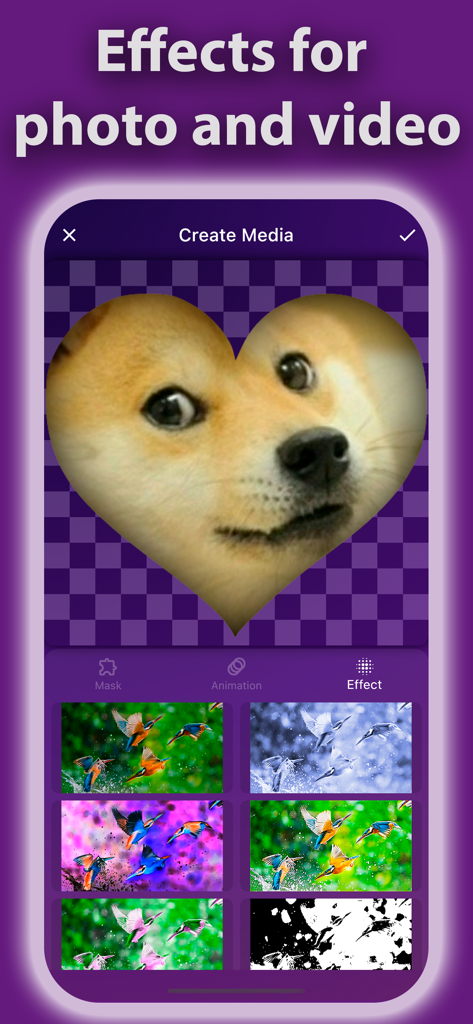 Pro Stickers Maker 3D - Interfaz de Pro Stickers Maker 3D mostrando un meme de Doge con forma de corazón y varias opciones de efectos fotográficos