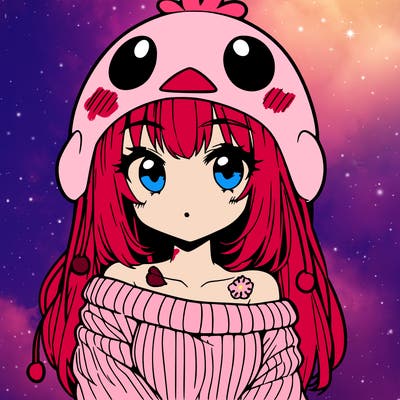 anime girl with chick shaped hat with sweater with bare shoulders with bangs covering them one eye with low tail