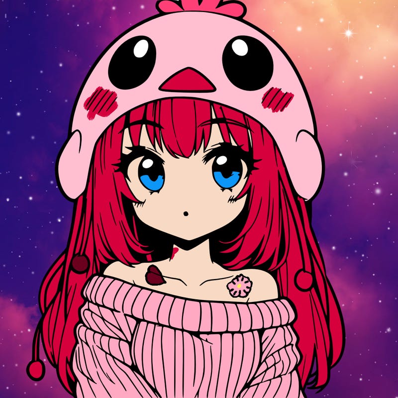 anime girl with chick shaped hat with sweater with bare shoulders with bangs covering them one eye with low tail