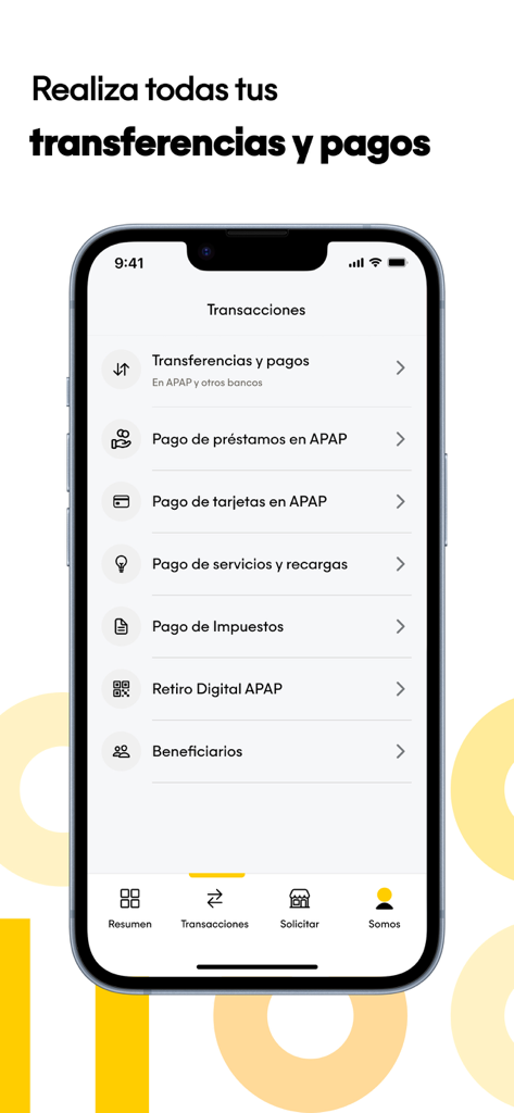 Screenshot des Transaktionsbildschirms der Movil APAP App mit Optionen für Überweisungen, Zahlungen und Steuerdienstleistungen