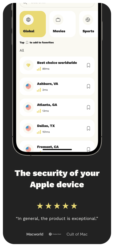 idVPN: VPN Secure Unlimited - Pantalla de la aplicación idVPN que muestra opciones de servidores de EE. UU. y una reseña de cinco estrellas para la seguridad de dispositivos Apple.