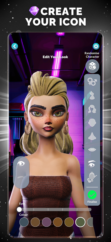 Fashion League: Runway Battles - Schermata di creazione del personaggio in Fashion League che mostra la personalizzazione delle caratteristiche del viso e la selezione del colore degli occhi per un avatar 3D