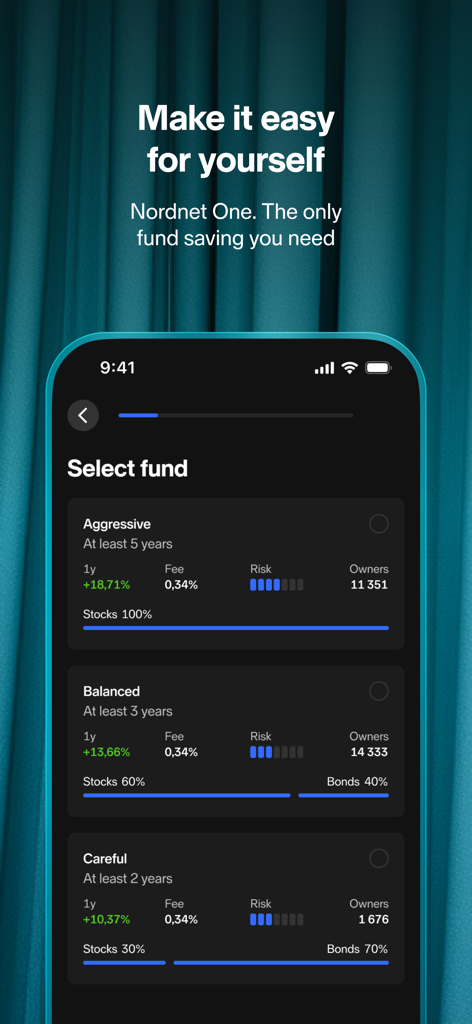 Nordnet: Stocks & Funds - Nordnetアプリの画面で、積極型、バランス型、慎重型のリスクプロファイルを持つ投資ファンドを選択できる