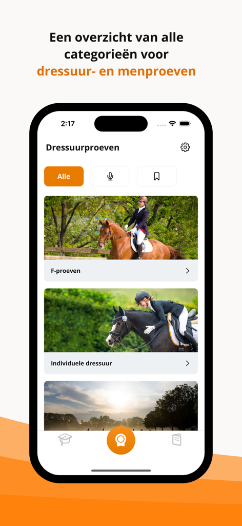KNHS Dressuurproeven - Main screen of the KNHS Dressuurproeven app showing a list of dressage test categories on an iPhone