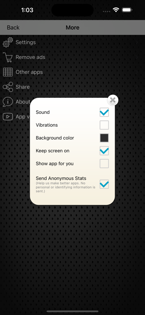 Settings popup in the Metal Detector EMF app showing sound, vibration, and display options
