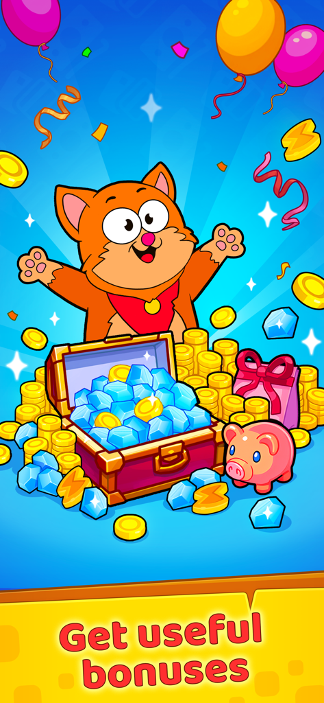 Merge Millionaire：Rich Craft - Um gato de desenho animado alegre celebrando com um baú de tesouro cheio de diamantes e moedas de ouro com o texto Obtenha bônus úteis.
