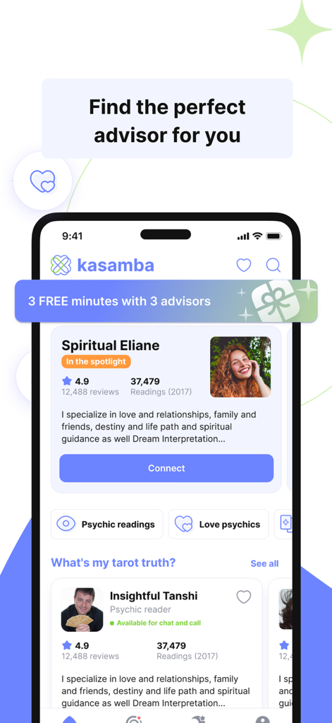 Interface de l'application de voyance Kasamba montrant des profils de conseillers spirituels et une offre promotionnelle pour des minutes gratuites
