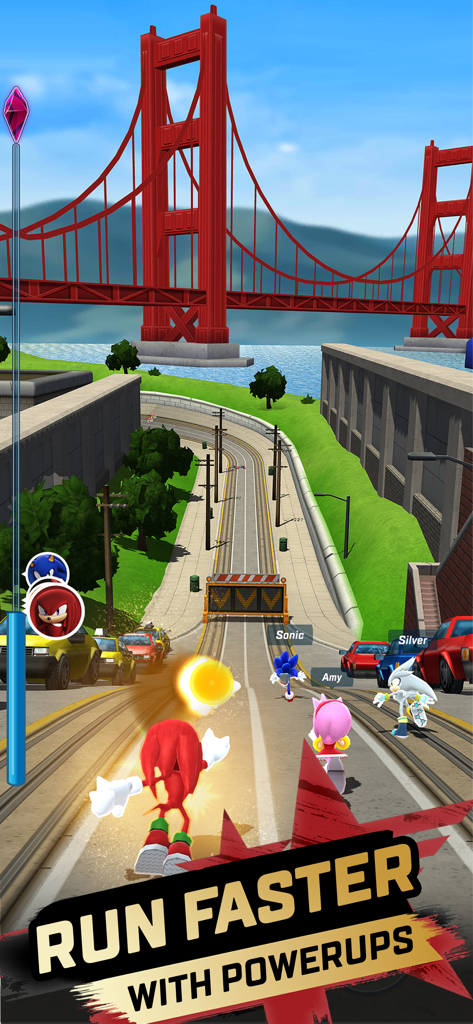 Knuckles Sonic Amy y Silver corriendo en una pista con un puente rojo al fondo