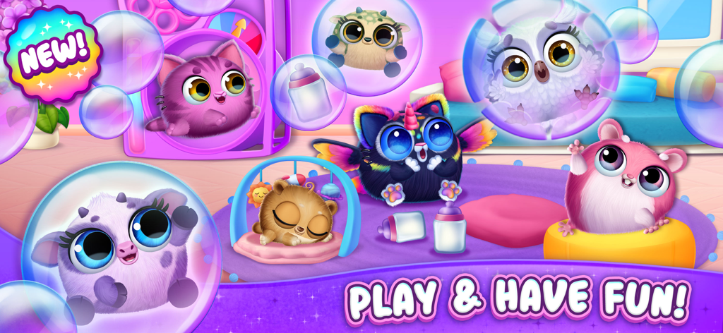 Smolsies 2 - Cute Pet Stories - Coloridas criaturas de pompón y mascotas virtuales jugando en una habitación con burbujas y biberones