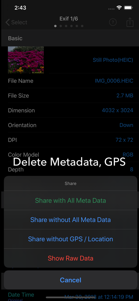 EXIF Tool app screen showing options to share a photo while removing metadata and GPS location.