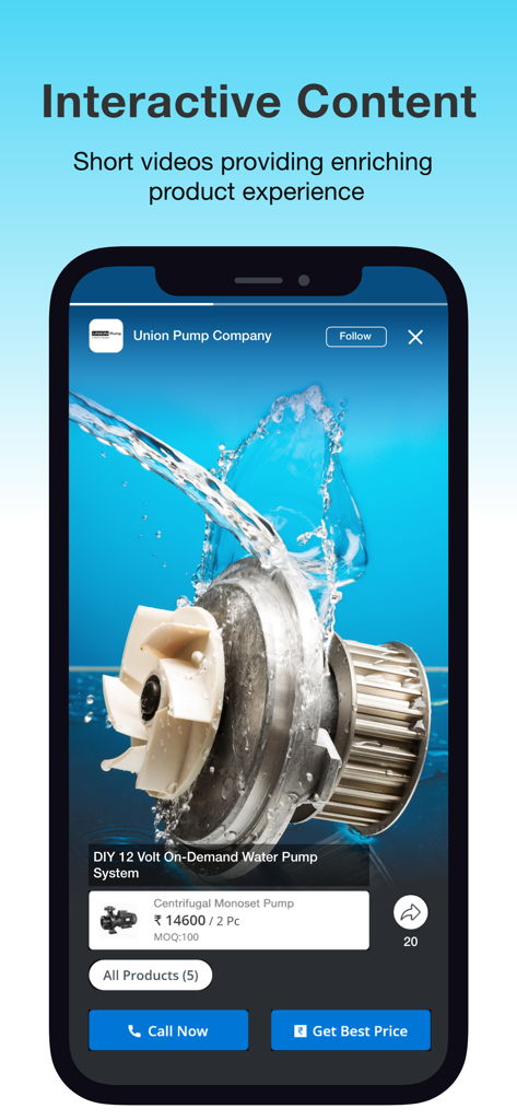 JdMart - B2B Marketplace - JdMart app screen showing interactive short video content of a water pump system with price and call options