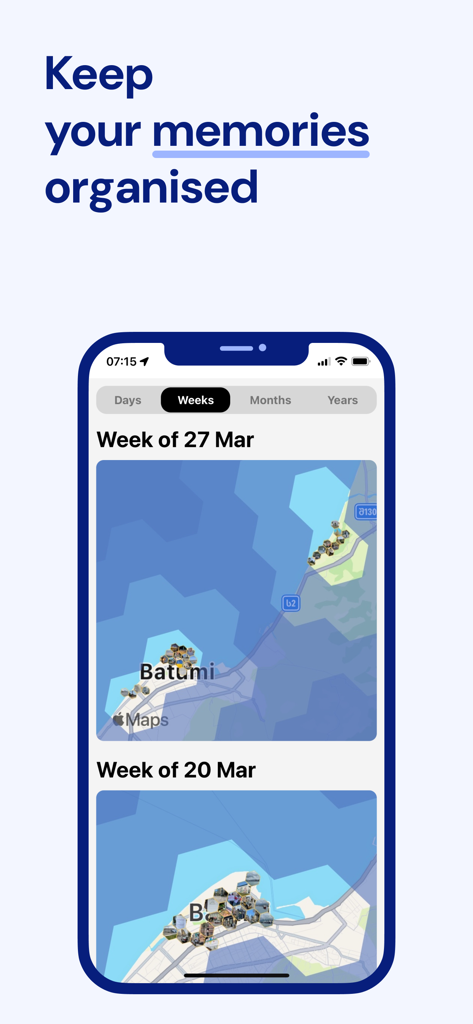 Been & Done Travel Journal Map - Been and Done App-Oberfläche zeigt Reiseerinnerungen, organisiert nach Woche auf einer Karte