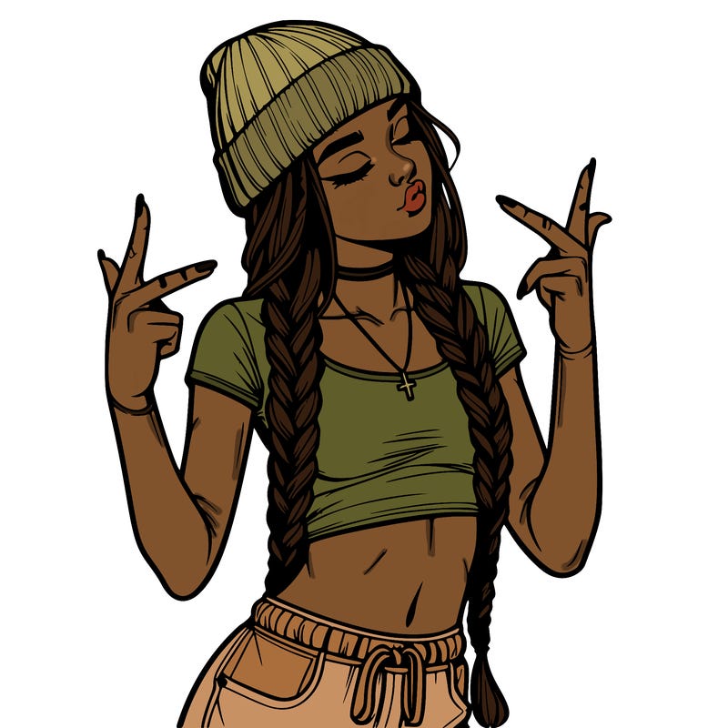 realistic teenage girl with braids and a beanie and crop top doing 🫶🏼