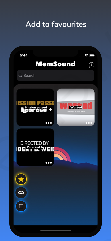 MemSound: Meme Soundboard - Meme soundboard app interface showing a list of favorite sound effects like Mission Passed and Wasted with a search bar.