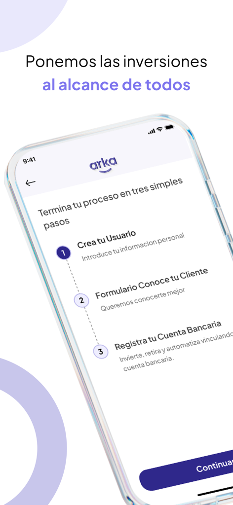 Arka - Interface do aplicativo de investimento Arka mostrando um processo de registro de três etapas em espanhol