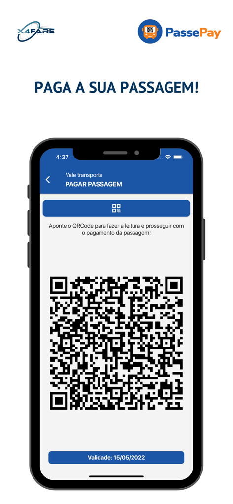 PassePay - Una pantalla de smartphone mostrando un código QR grande para el pago de la tarifa de autobús dentro de la aplicación móvil PassePay.