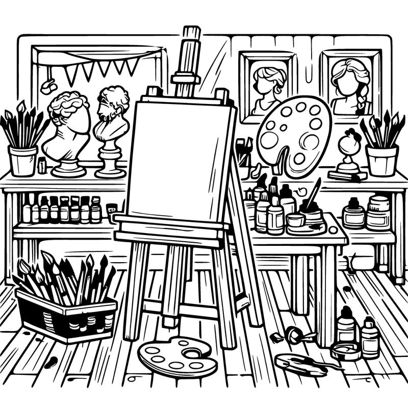 an art studio with canvases, paints, and sculptures