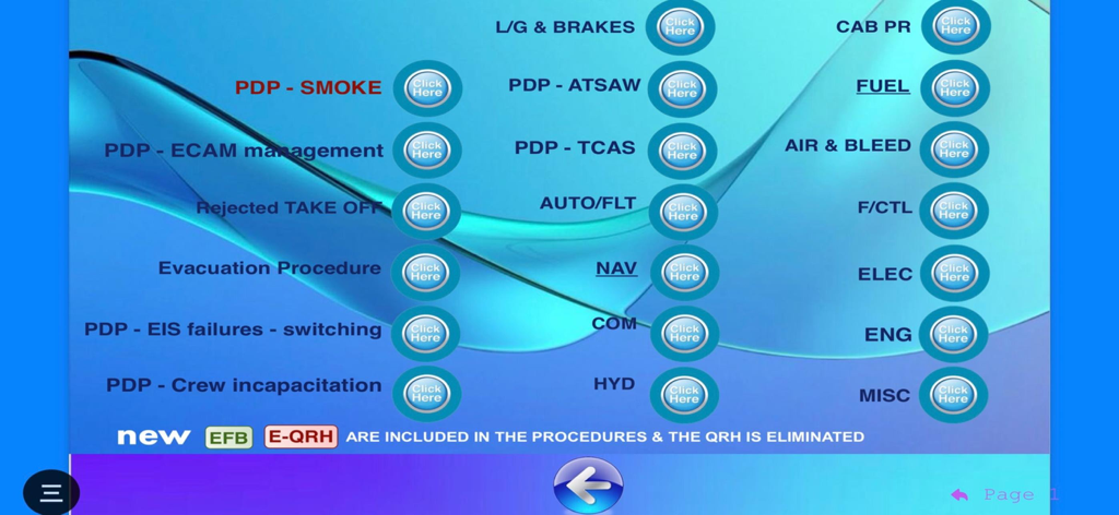 A320PDP BASIC - Main menu of the A320PDP BASIC app listing pilot procedures and aircraft systems for training.