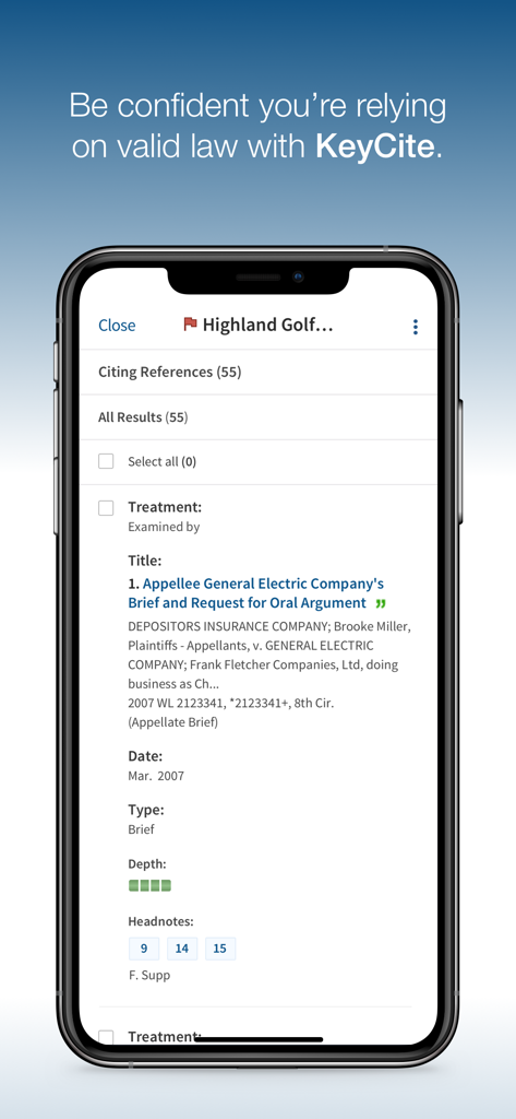Pantalla de la aplicación móvil Westlaw que muestra referencias de citas de KeyCite para la verificación de documentos legales