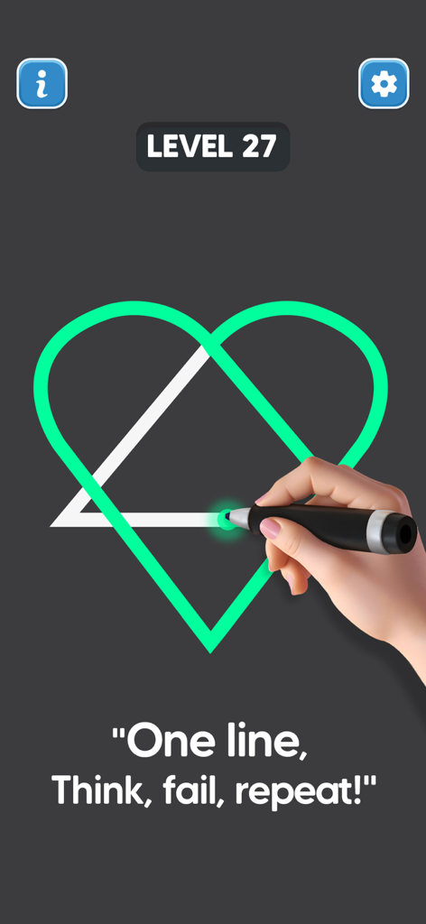 A hand completing a heart shaped puzzle with a single continuous green line in a mobile game interface.