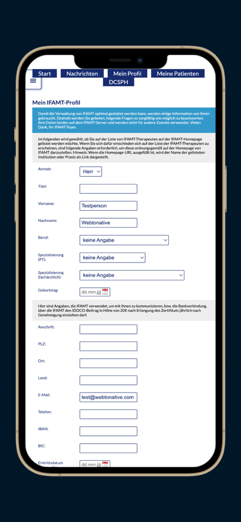 Écran d'enregistrement de profil professionnel dans l'application IFAMT academy, comprenant des champs pour la spécialisation médicale et les informations de contact.