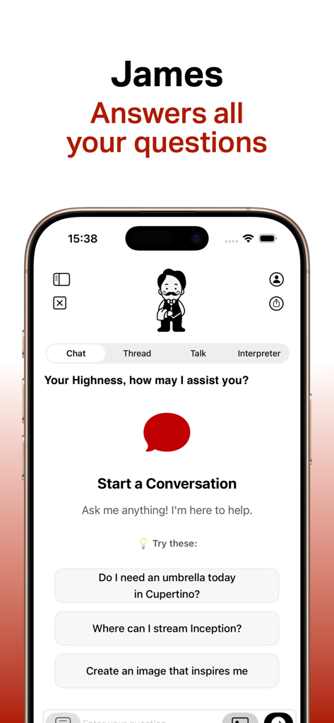 JAMES - AI Chat, Images, Audio - James AI chat interface on iPhone with butler character and question suggestions