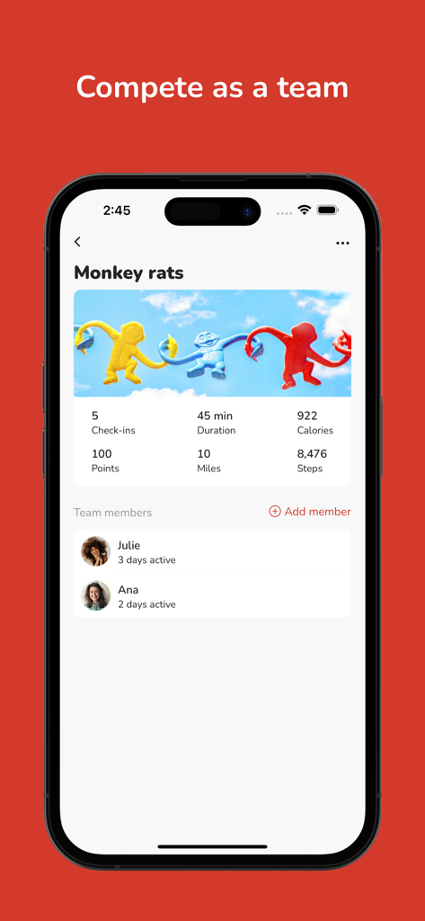 GymRats app interface showing a fitness team overview with activity stats and members