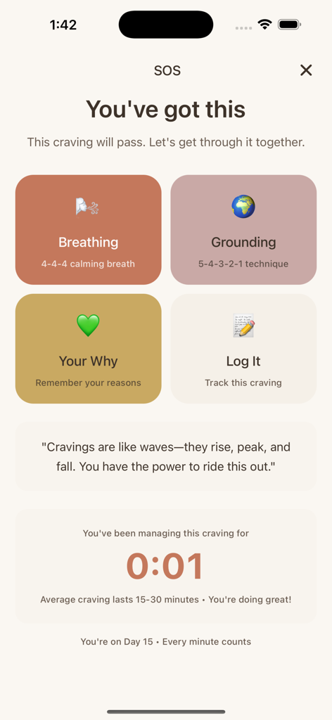 Quit Weed Tracker - Unfogged - Unfogged App SOS-Bildschirm mit Werkzeugen zur Bewältigung von Verlangen wie Atemübungen, Erdungstechniken und einem Verlangens-Timer.