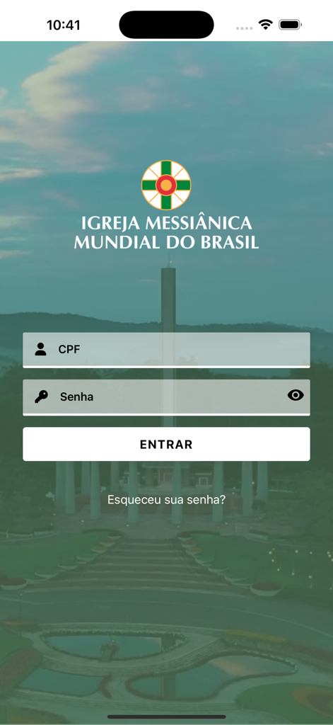 Igreja Messiânica - Écran de connexion de l'application Igreja Messianica Mundial do Brasil avec des champs pour le CPF et le mot de passe
