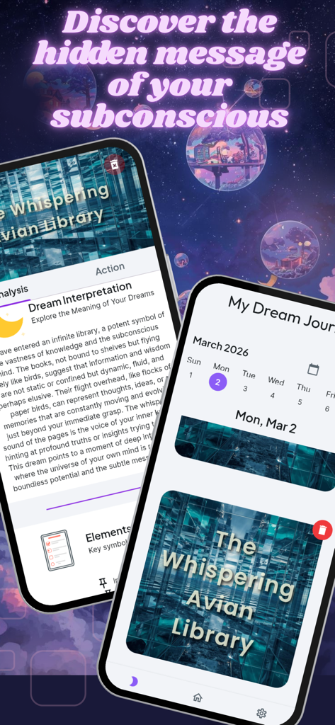 Dream AI: Dream Interpreter - Interface of the Dream AI app displaying a personal dream journal calendar and a detailed AI-generated dream interpretation for a specific entry