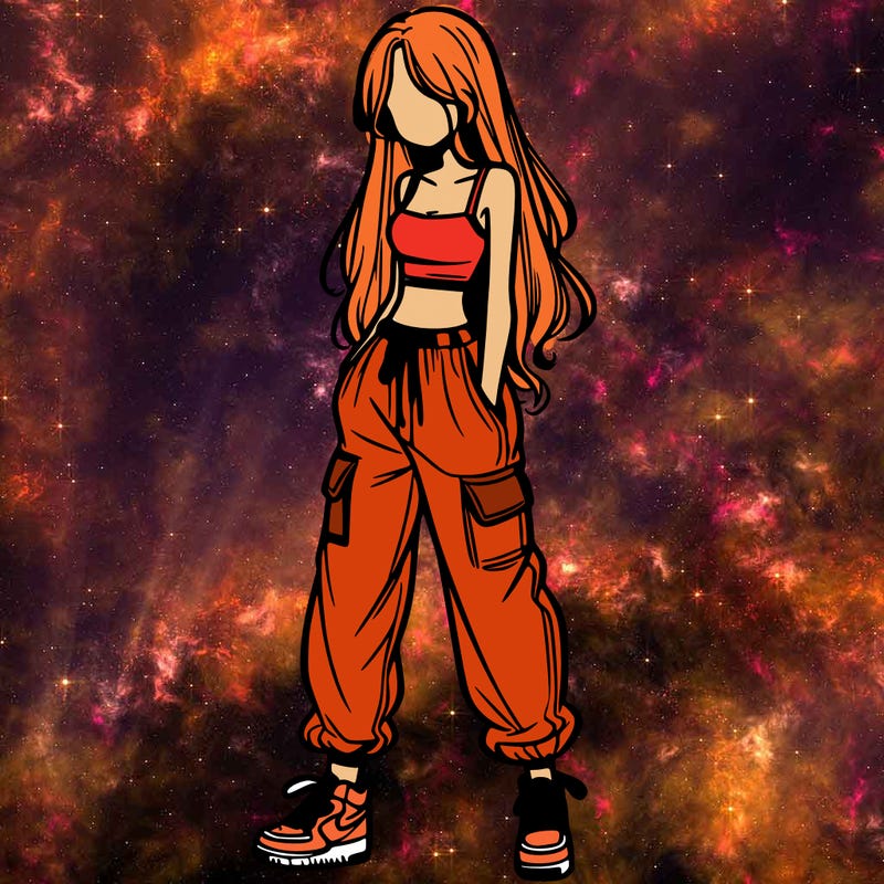 girl in baggy pants crop top and long hair