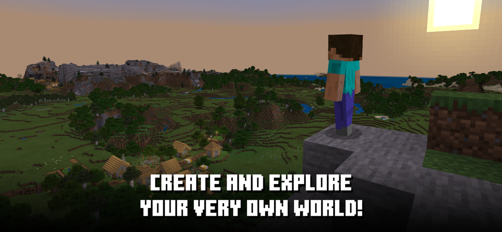 Minecraft: Dream it, Build it! - Personaje de Minecraft de pie en un acantilado con vistas a un pueblo en un paisaje de mundo abierto