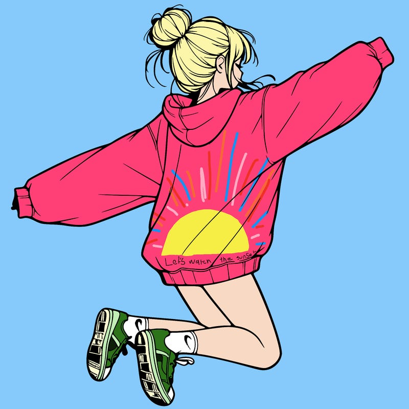 realistic girl jumping with a bun and oversized sweatshirt