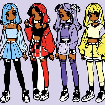 one girl with crop-top shirt and a jacket with a skirt, long socks and another girl with a shirt and pants with a jacket