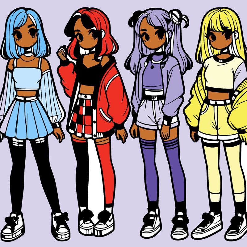 one girl with crop-top shirt and a jacket with a skirt, long socks and another girl with a shirt and pants with a jacket