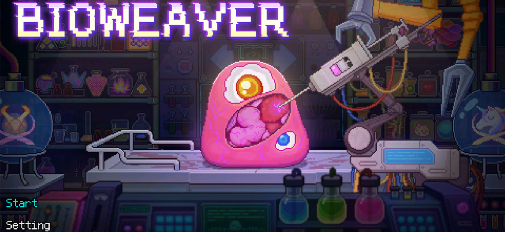 Bioweaver - Bioweaver title screen showing a blob creature on a laboratory table being modified by a mechanical arm