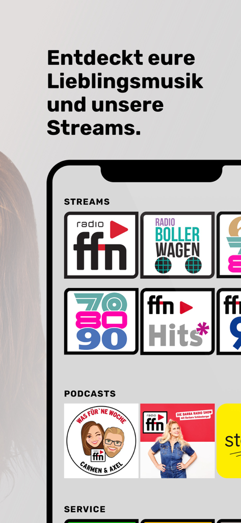 radio ffn. Na denn… ffn - Bildschirm der radio ffn App, der verfügbare Musikstreams und Podcasts anzeigt
