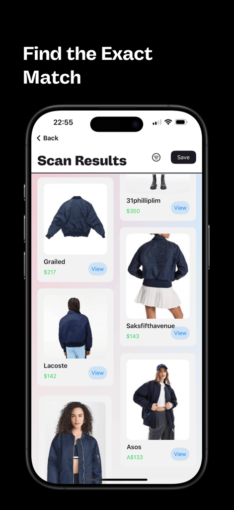 Fit Finder - Clothing Scanner - Bildschirm der Mobile App zeigt KI-Scanergebnisse für eine blaue Bomberjacke mit Preisvergleichen von Grailed, Lacoste und Saks Fifth Avenue.