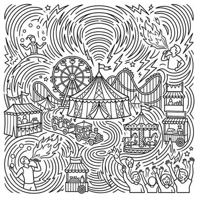 Step right up to the most electrifying show on Earth! This unique coloring page blends the exciting atmosphere of a carnival with dynamic 'echoing thunder' sound wave patterns, promising an unforgettable creative journey.