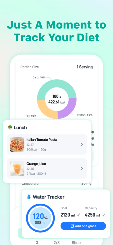 EasyFast - Calorie Counter - Interfaz de la aplicación EasyFast que muestra el desglose de calorías y macronutrientes y el seguimiento de la ingesta de agua