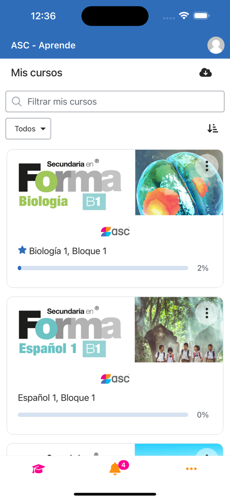ASC Aprende - The courses screen of the ASC Aprende app showing biology and spanish lessons