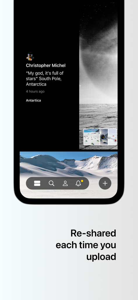 Screenshot of the Glass app showing a photography post with high quality landscape images and a minimalist feed